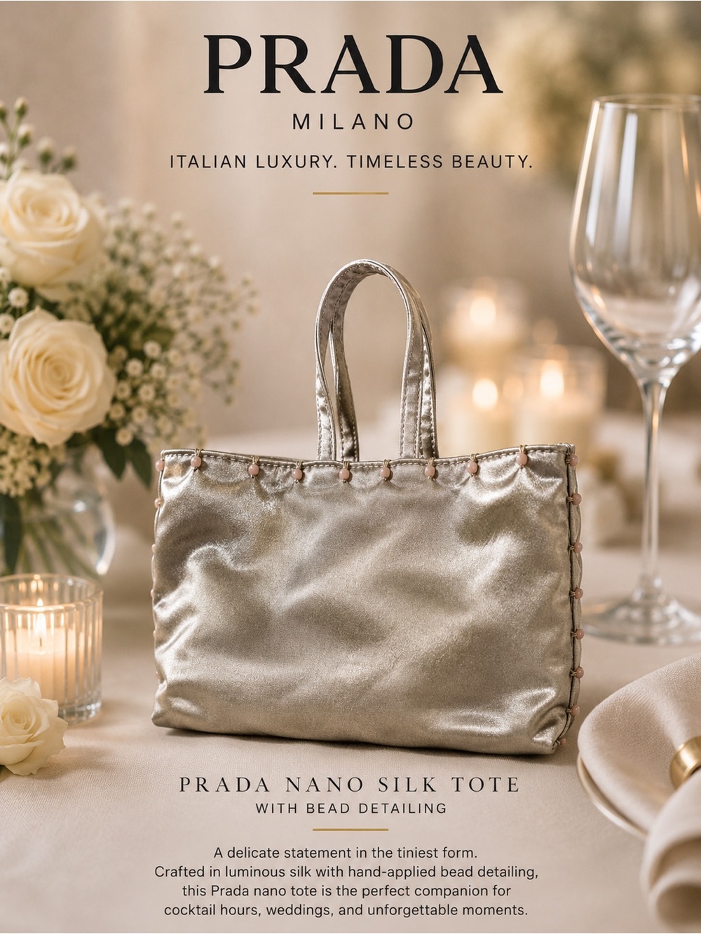 Authentic Nano Prada Silver Satin Tote Cocktail Bag